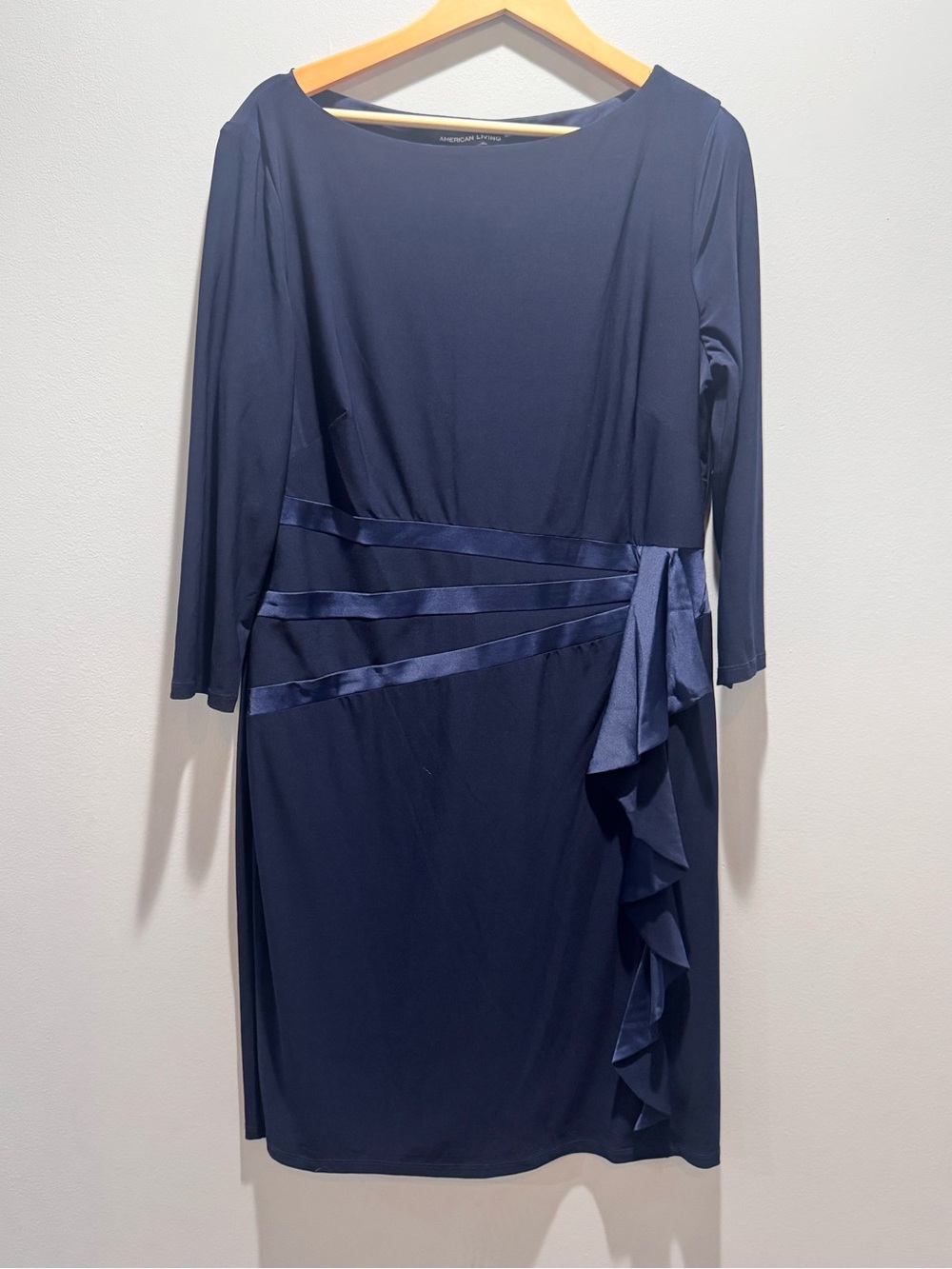 American Living Navy Long-Sleeve Ruffle Waist Dress